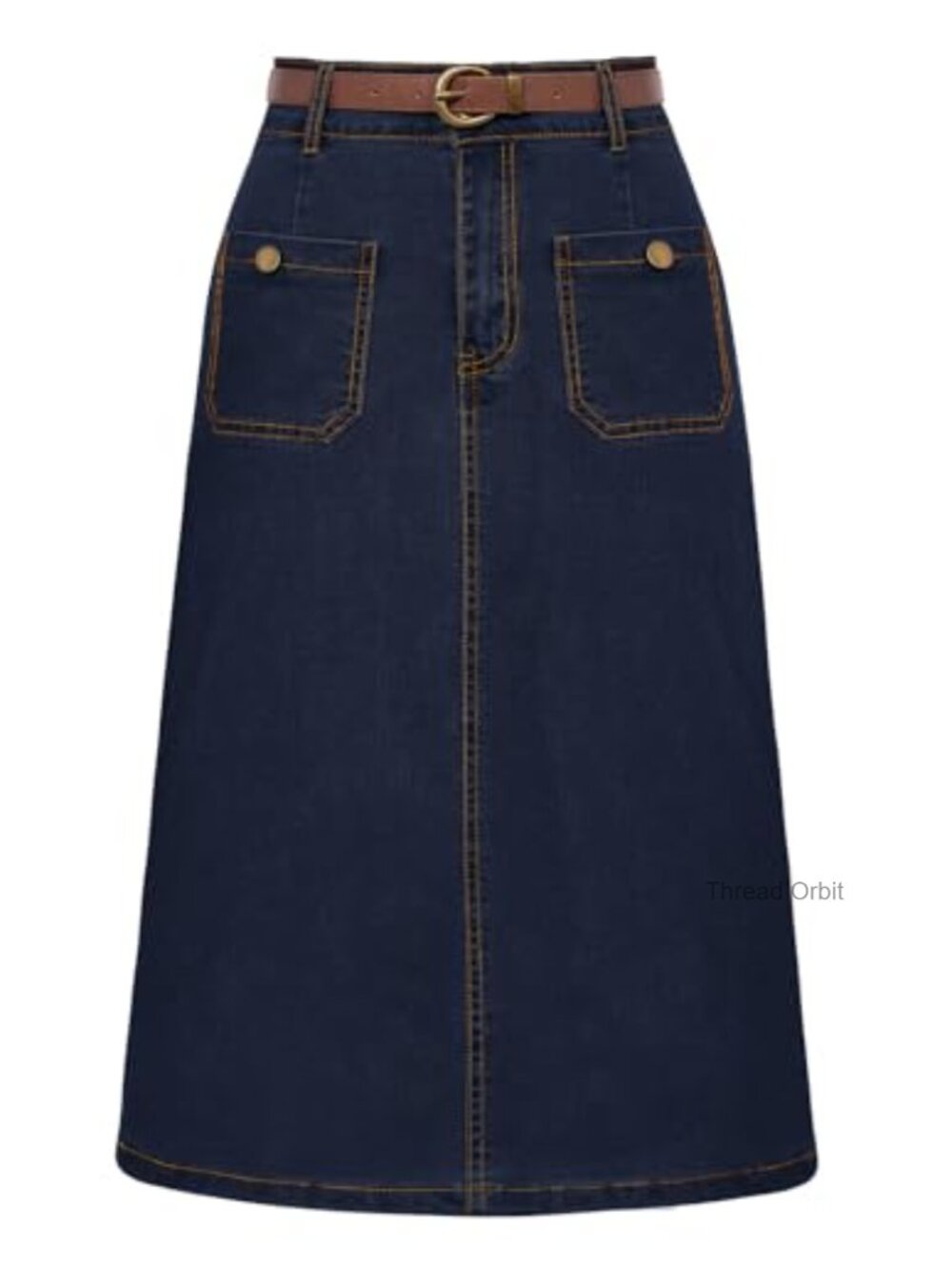High Waist Denim Skirt with Belt Pencil Knee Length Cotton Blend